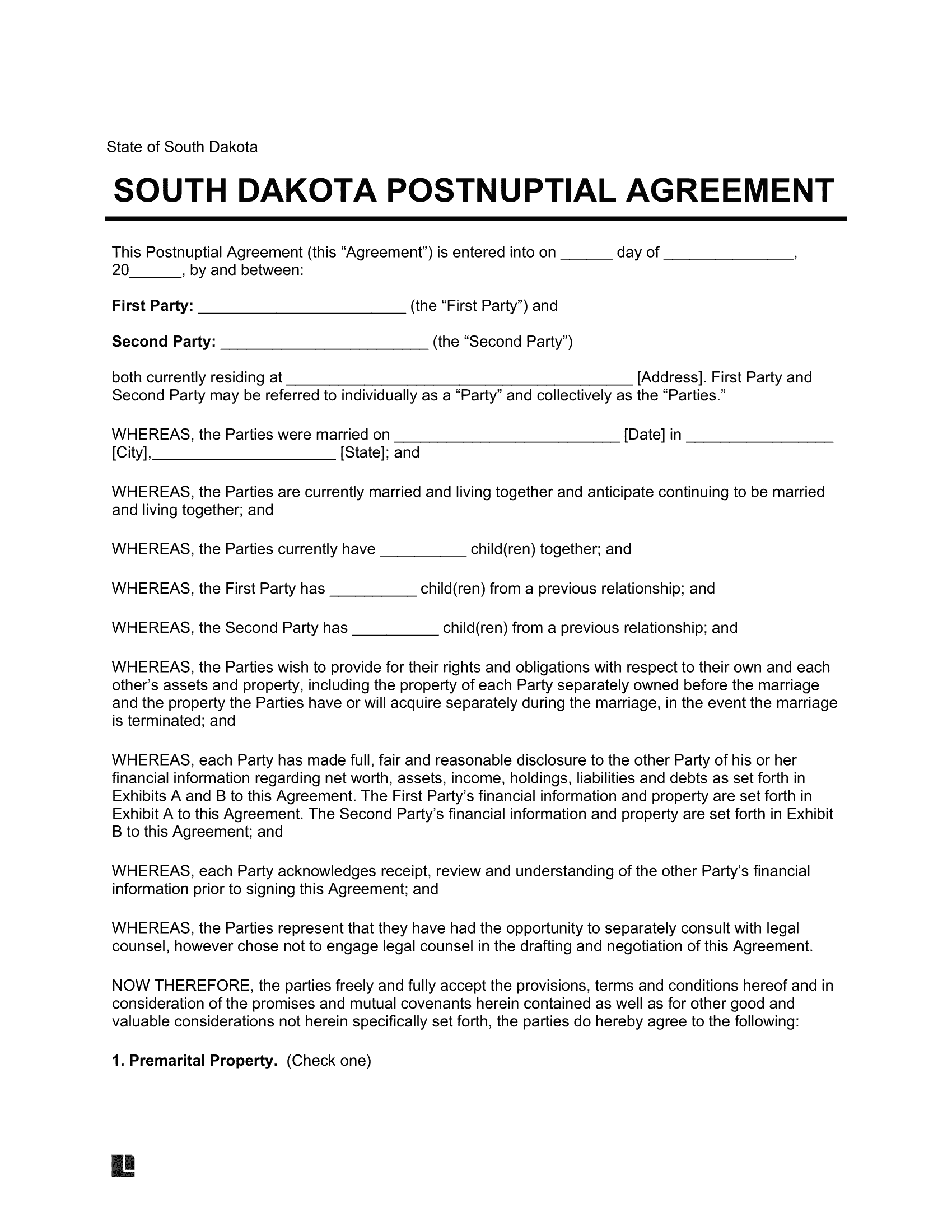 South Dakota Postnuptial Agreement Template