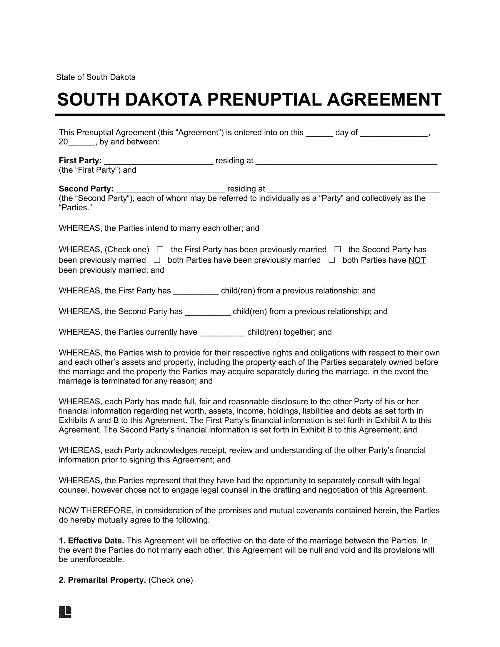 Free South Dakoa Prenuptial Agreement Template | PDF & Word