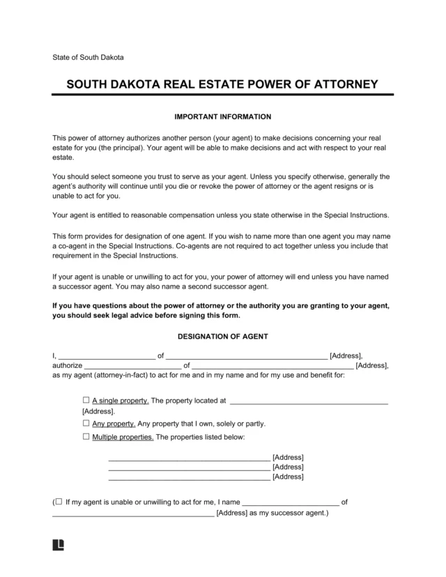 South Dakota Real Estate Power of Attorney Form