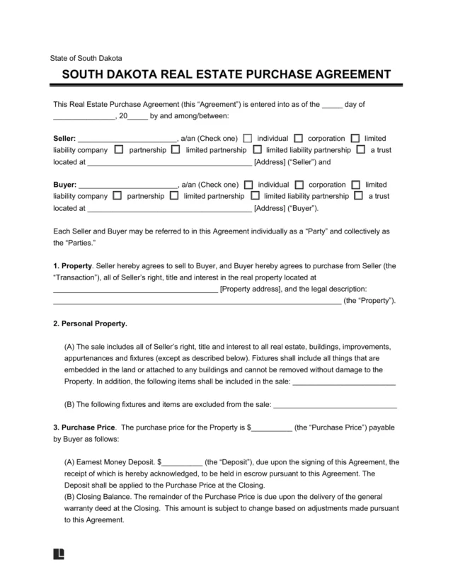 South Dakota Residential Purchase Agreement Template