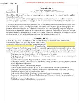 South Dakota Tax Power of Attorney Form RV-071