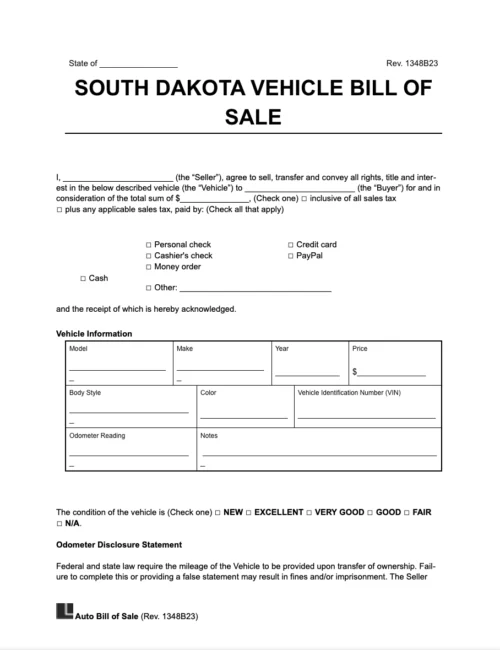 South Dakota vehicle bill of sale