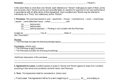 Sample of a free lease agreement/rental contract template for residential or commercial property
