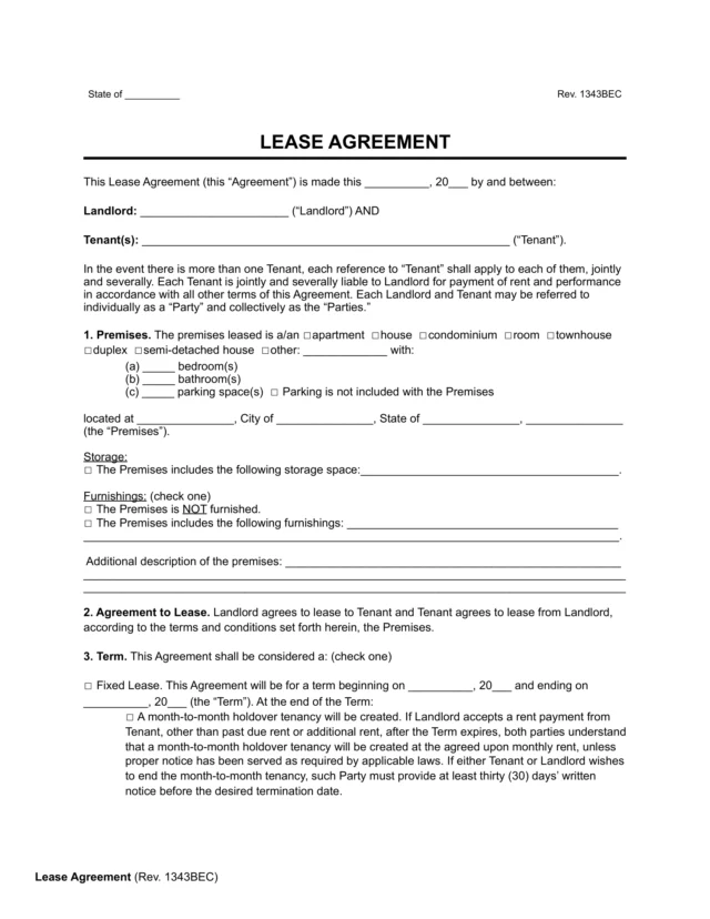 Sample of a standard lease agreement for residential property