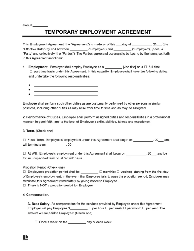 Sample of a Temporary Employment Agreement used to hire an employee for a short-period of time