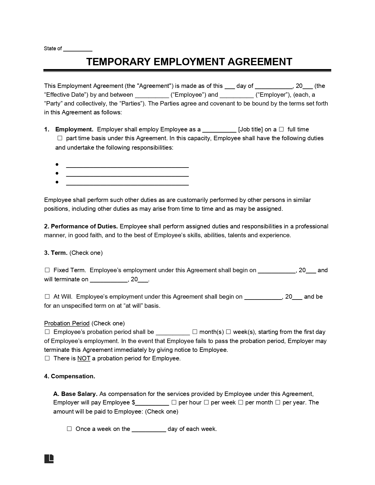 Sample of a Temporary Employment Agreement used to hire an employee for a short-period of time