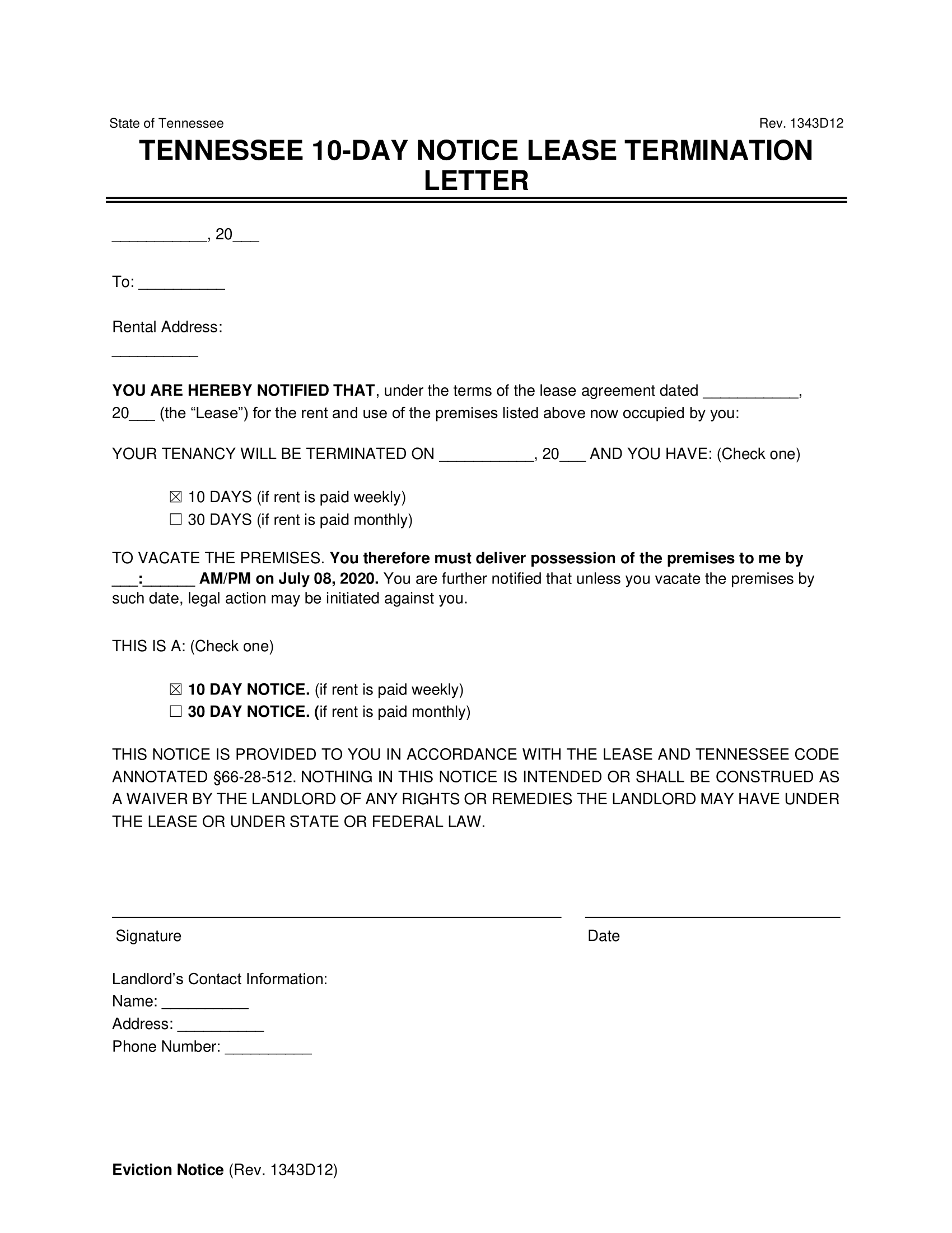 Tennessee 10-Day Notice to Vacate (Week to Week)