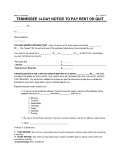 Tennessee 14 Day Eviction Notice to Quit Non Payment of Rent