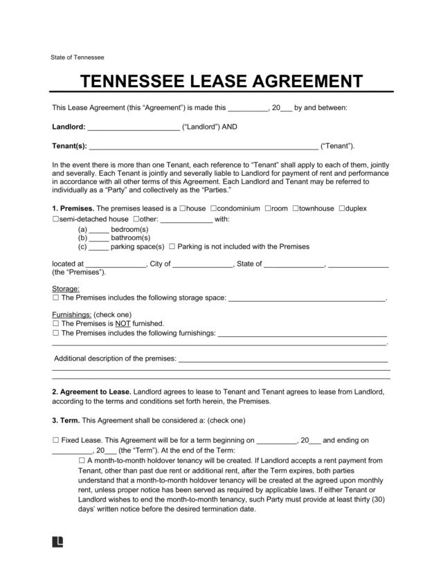Tennessee Lease Agreement Template