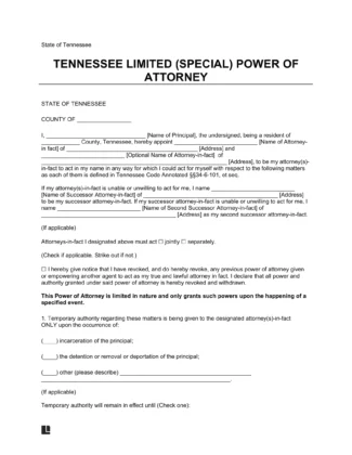 Tennessee Limited Power of Attorney Form