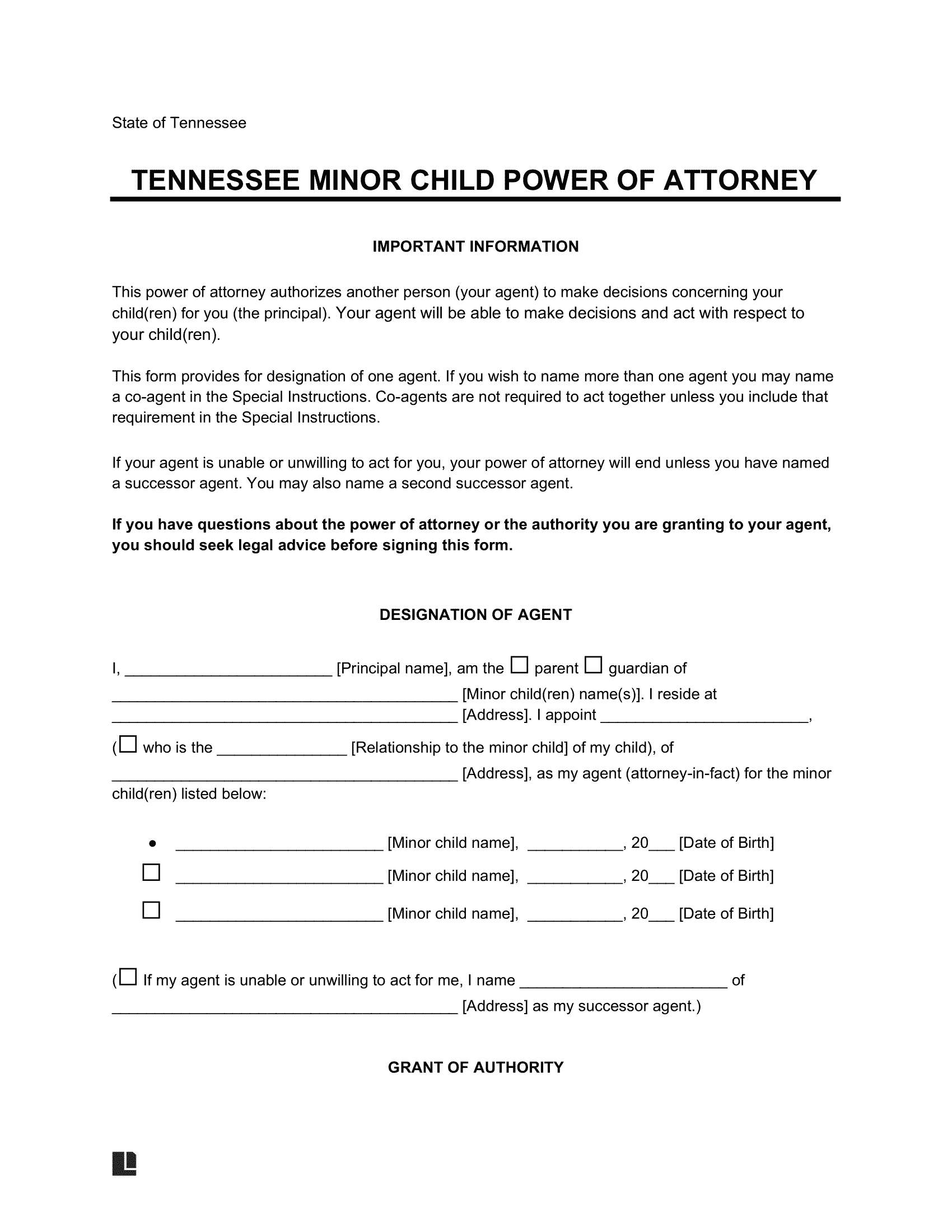 Tennessee Minor Child Power of Attorney Form