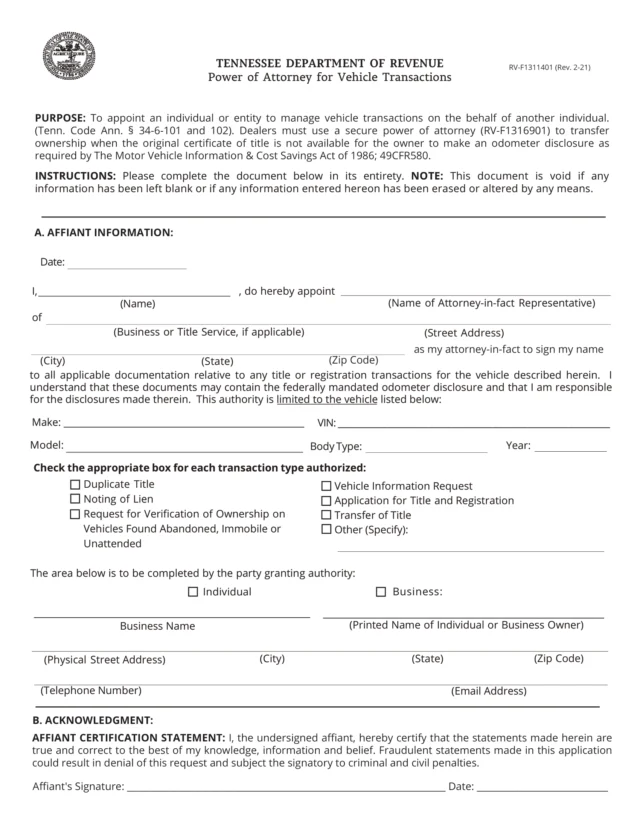 Tennessee Motor Vehicle Power of Attorney Form