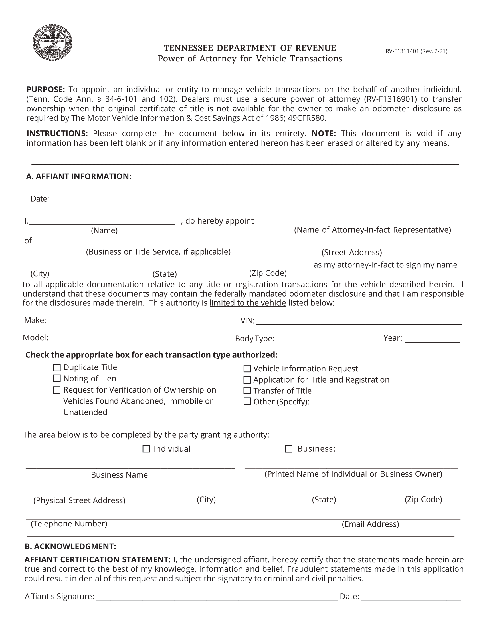 Tennessee Motor Vehicle Power of Attorney Form