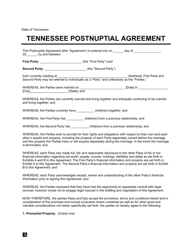 Tennessee Postnuptial Agreement Template