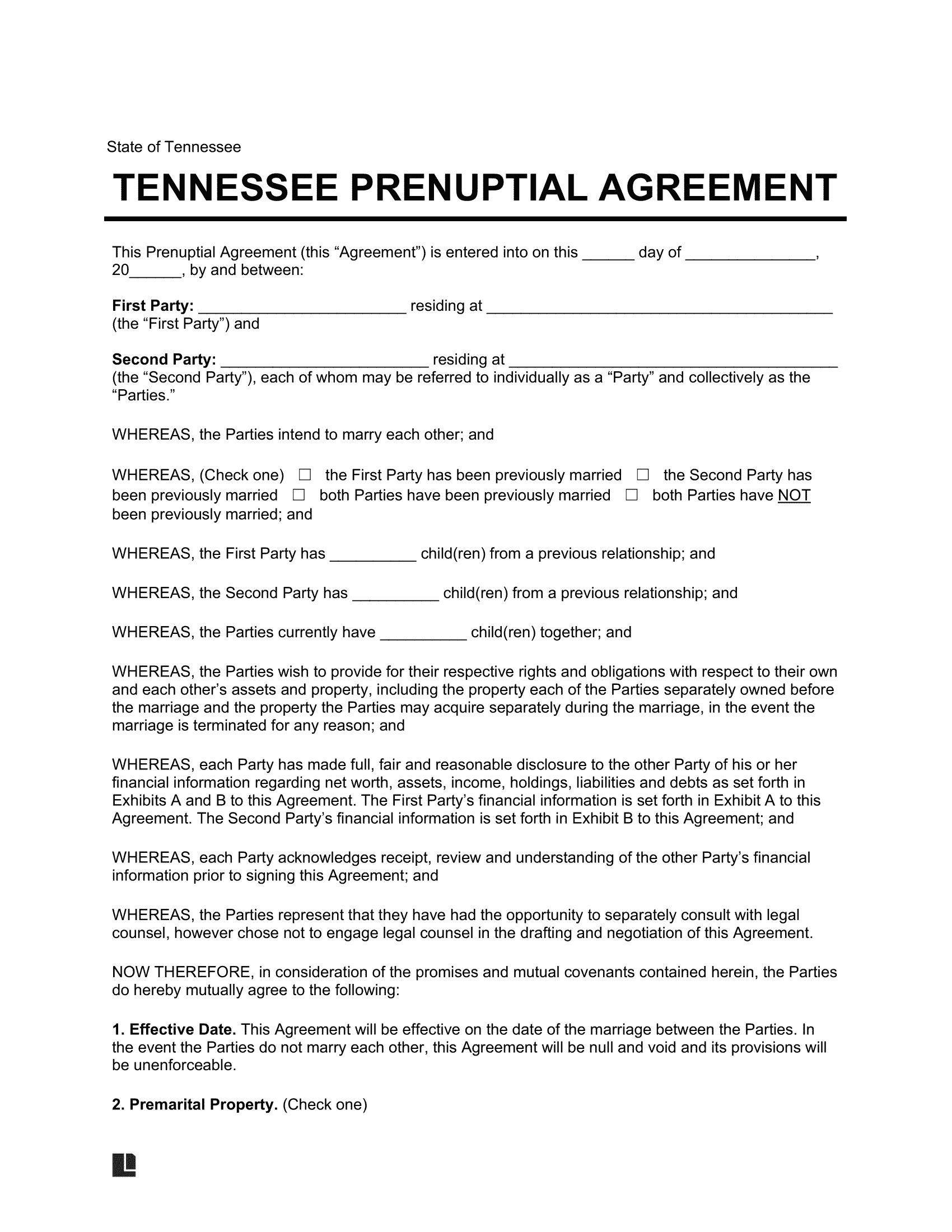 Tennessee Prenuptial Agreement Template