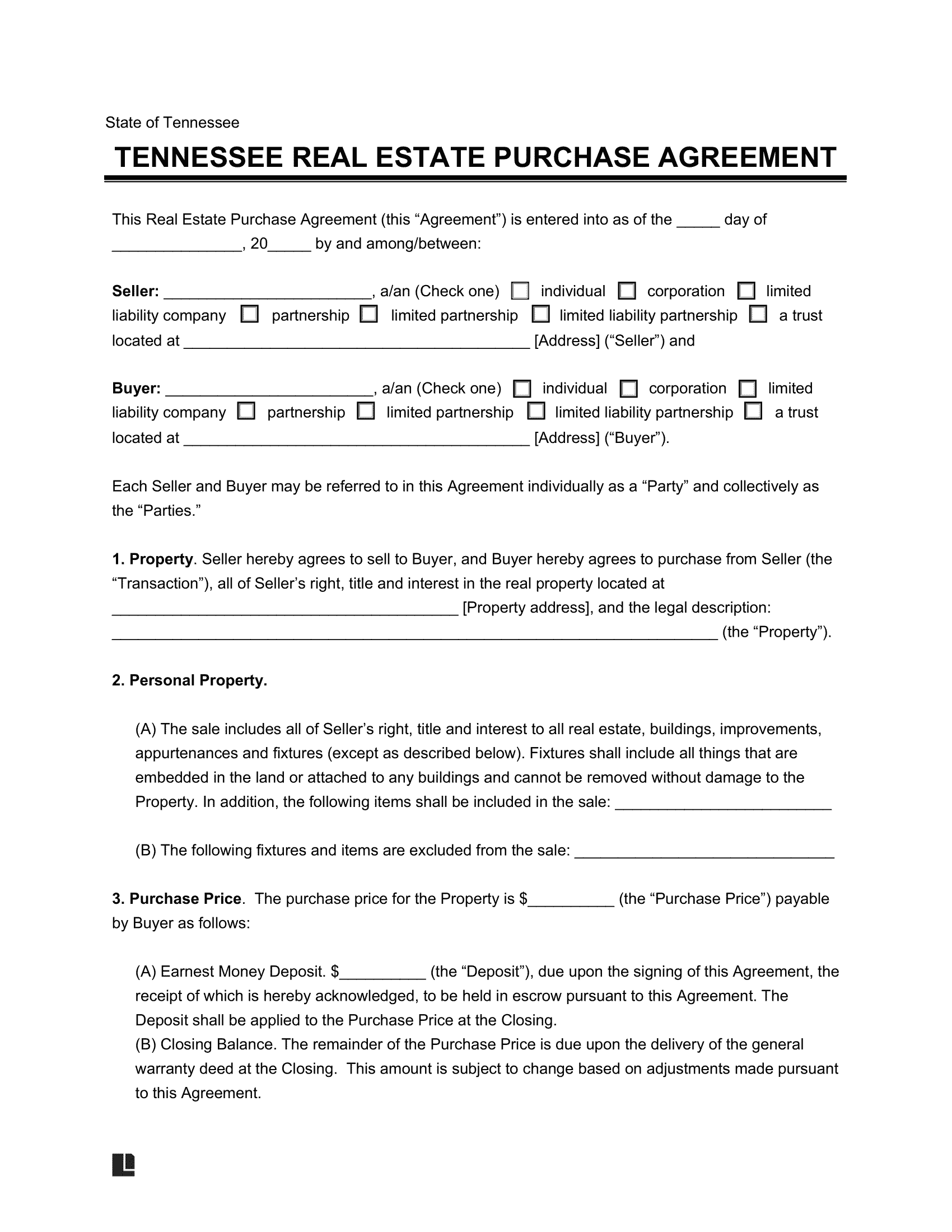 Tennessee Residential Purchase Agreement Template