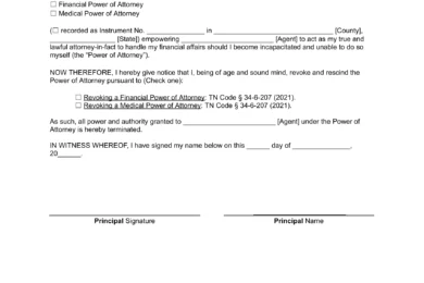 Tennessee Revocation Power of Attorney Form