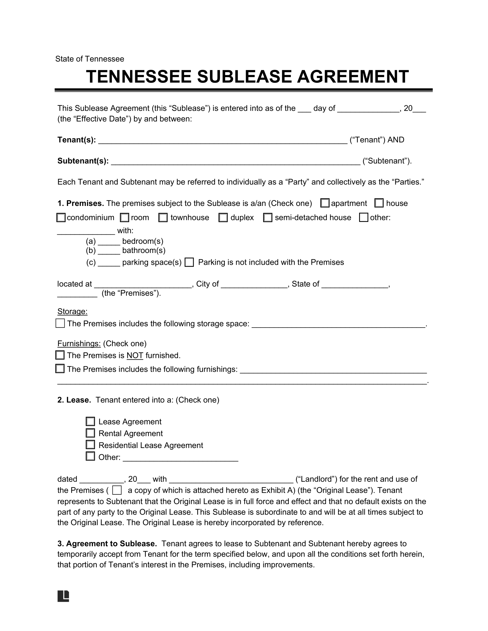Tennessee Sublease Agreement Template