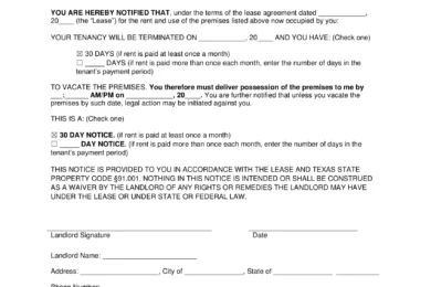 Texas 30-Day Lease Termination Letter Template