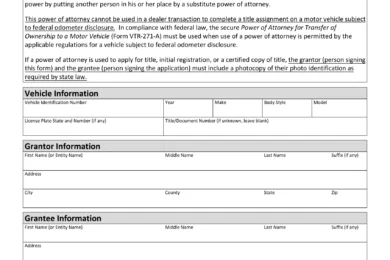 Texas Motor Vehicle Power of Attorney Form VTR-271