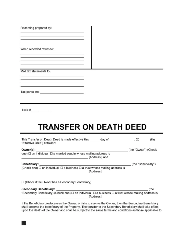 Sample of a Transfer on Death (TOD) Deed used to transfer property when the owner dies