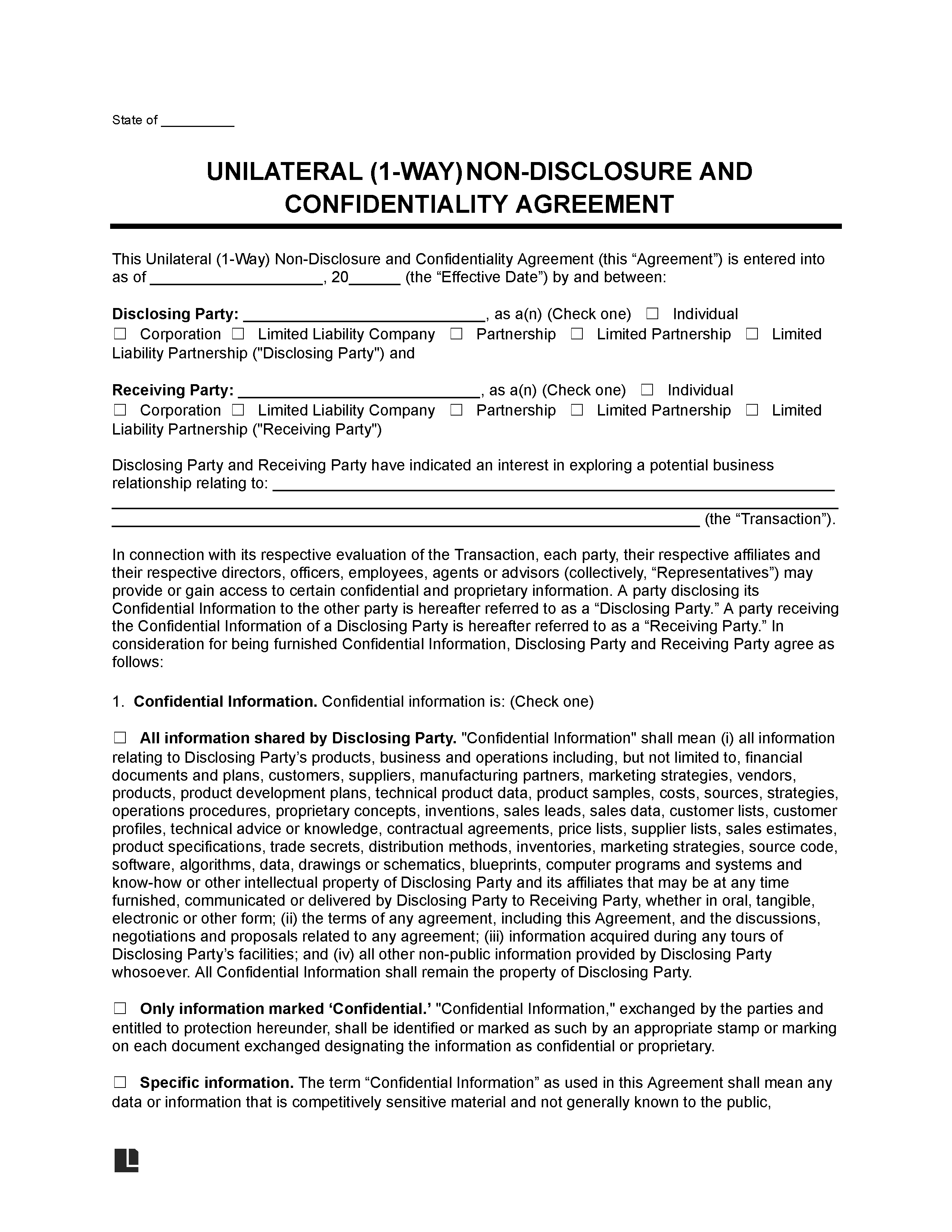 Unilateral (One-Way) Non-Disclosure Agreement Template