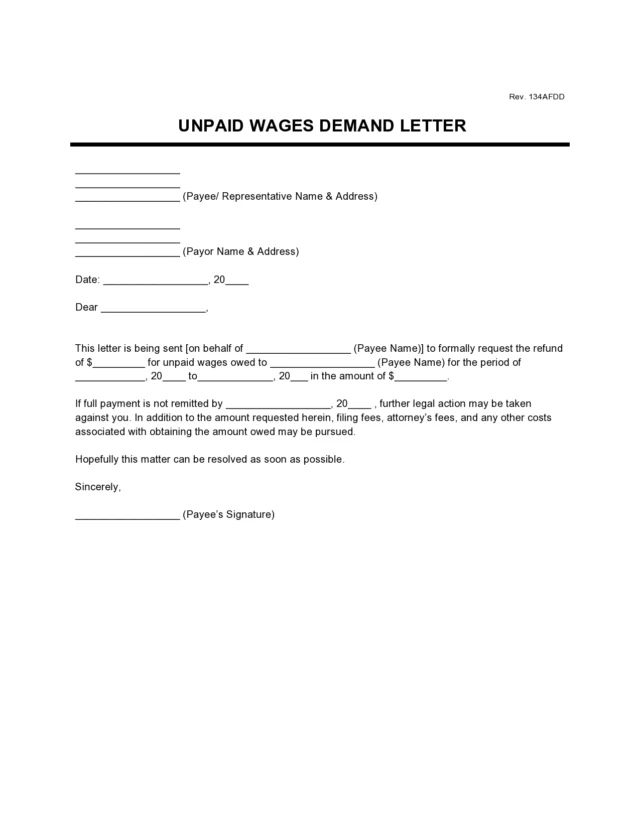Unpaid Wages Demand Letter Template