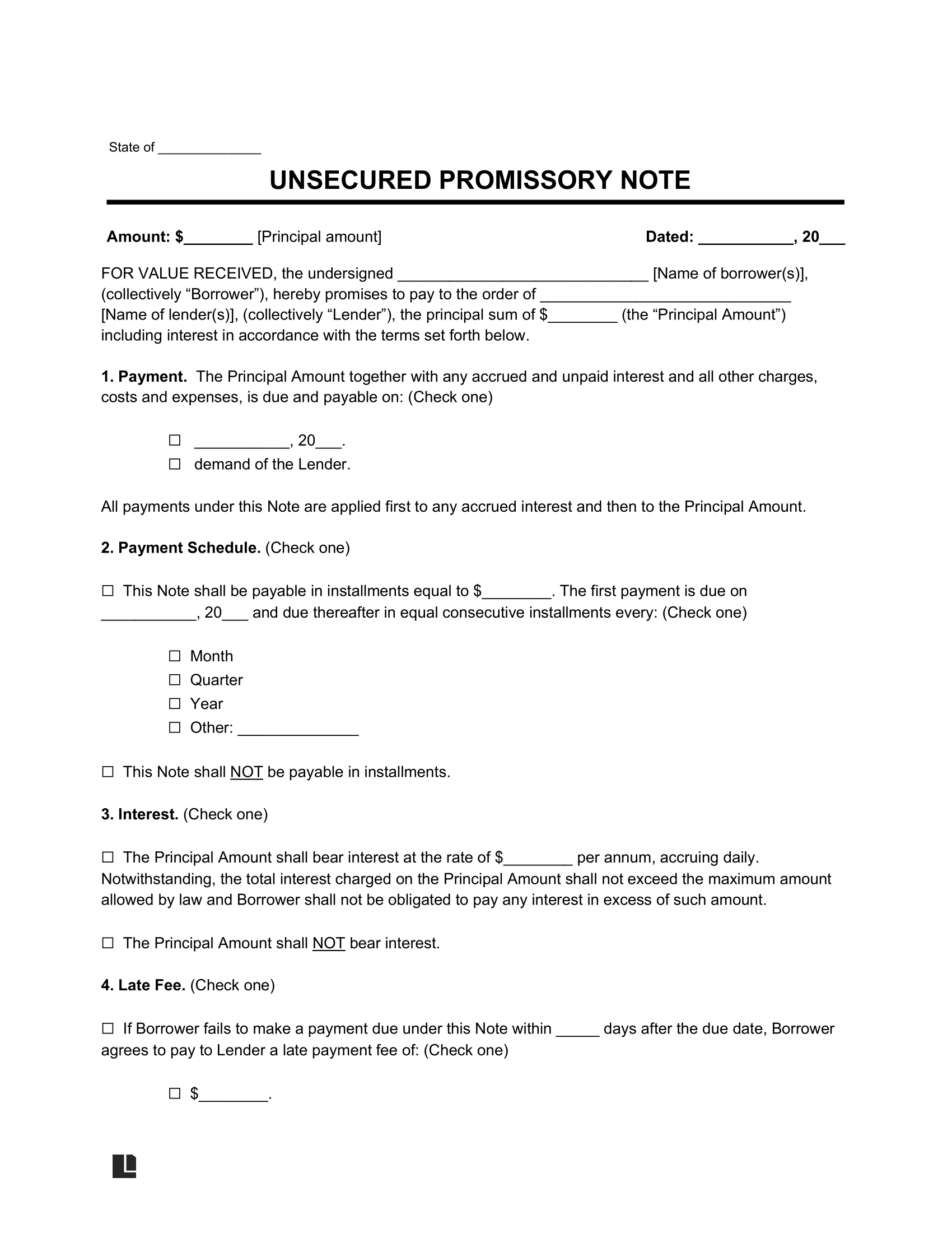 Unsecured Promissory Note Template