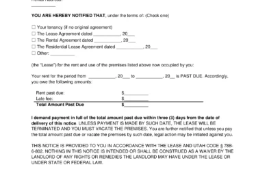 Utah 3-Day Eviction Notice to Quit (Non-Payment of Rent)