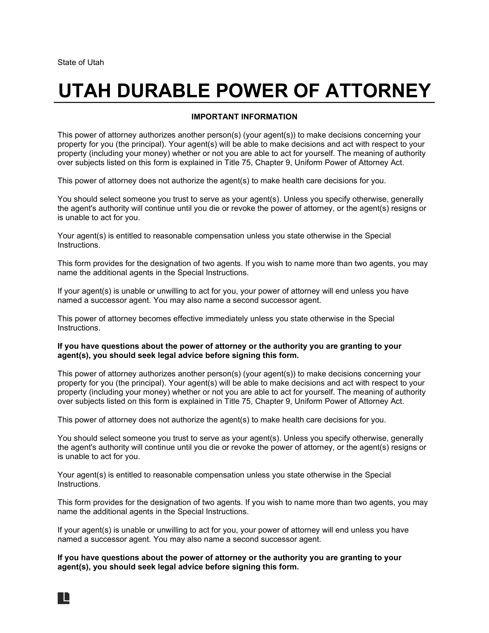 Utah Durable Statutory Power of Attorney Form