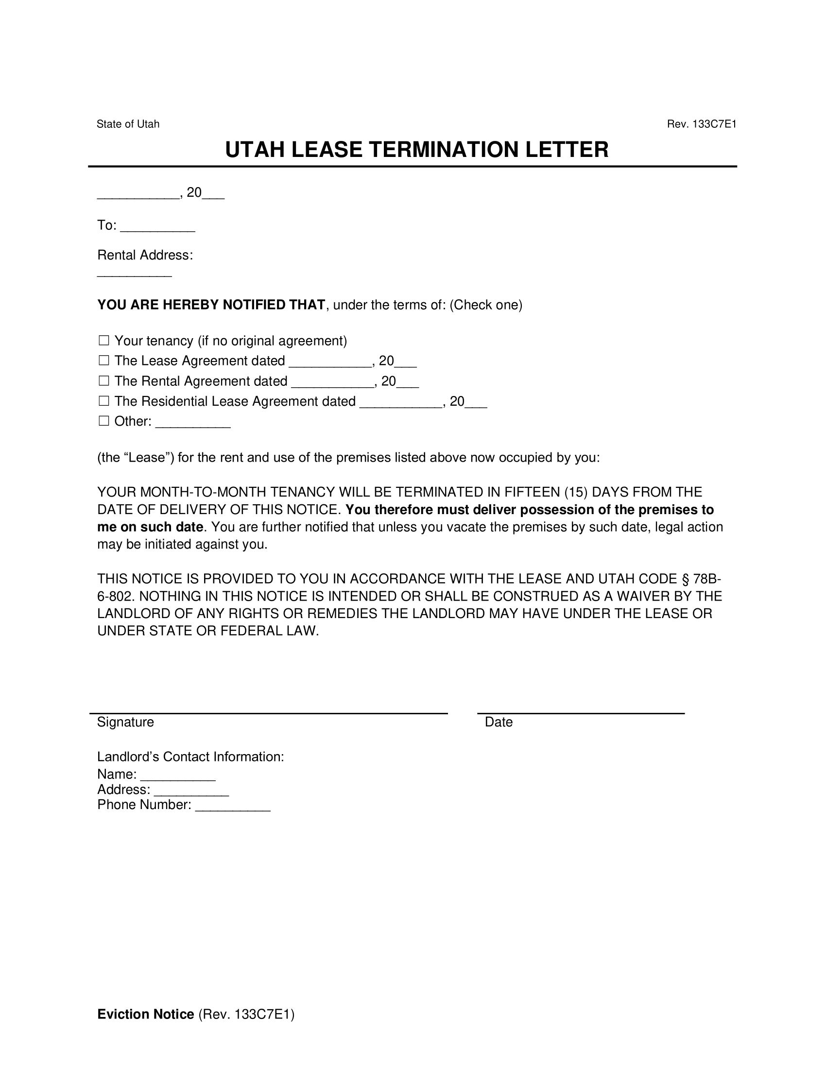 Utah Lease Termination Letter Template