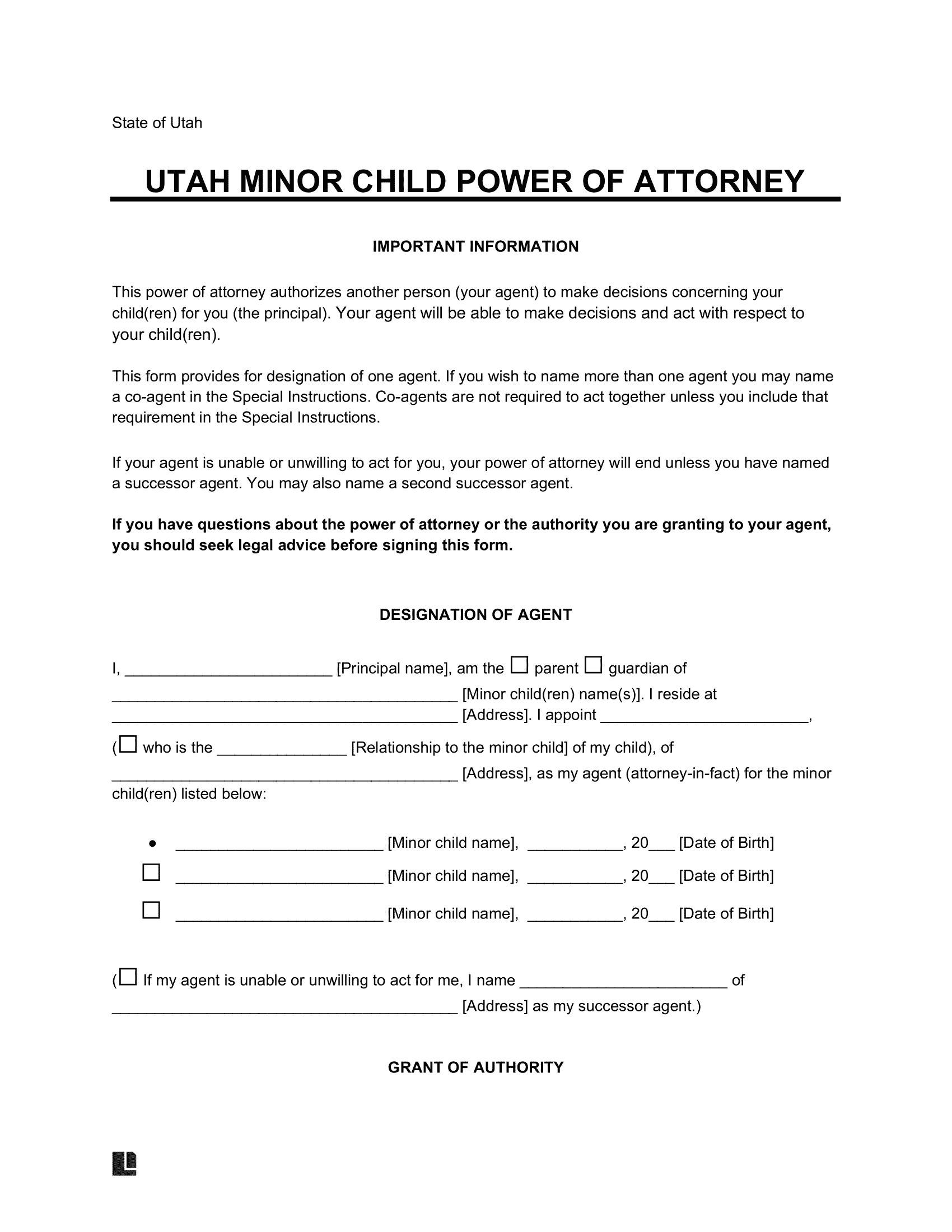 Utah Minor Child Power of Attorney Form