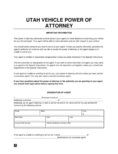 Utah Motor Vehicle Power of Attorney Form