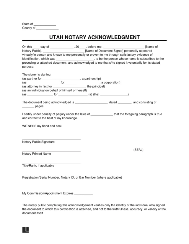 Utah Notary Acknowledgment Form