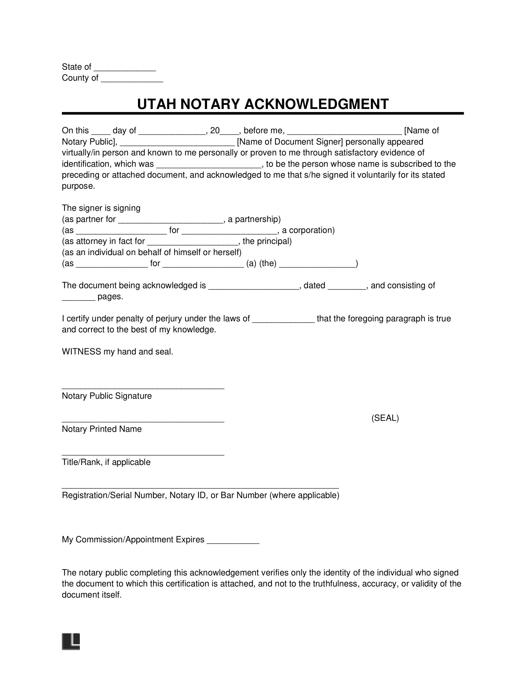 Utah Notary Acknowledgment Form