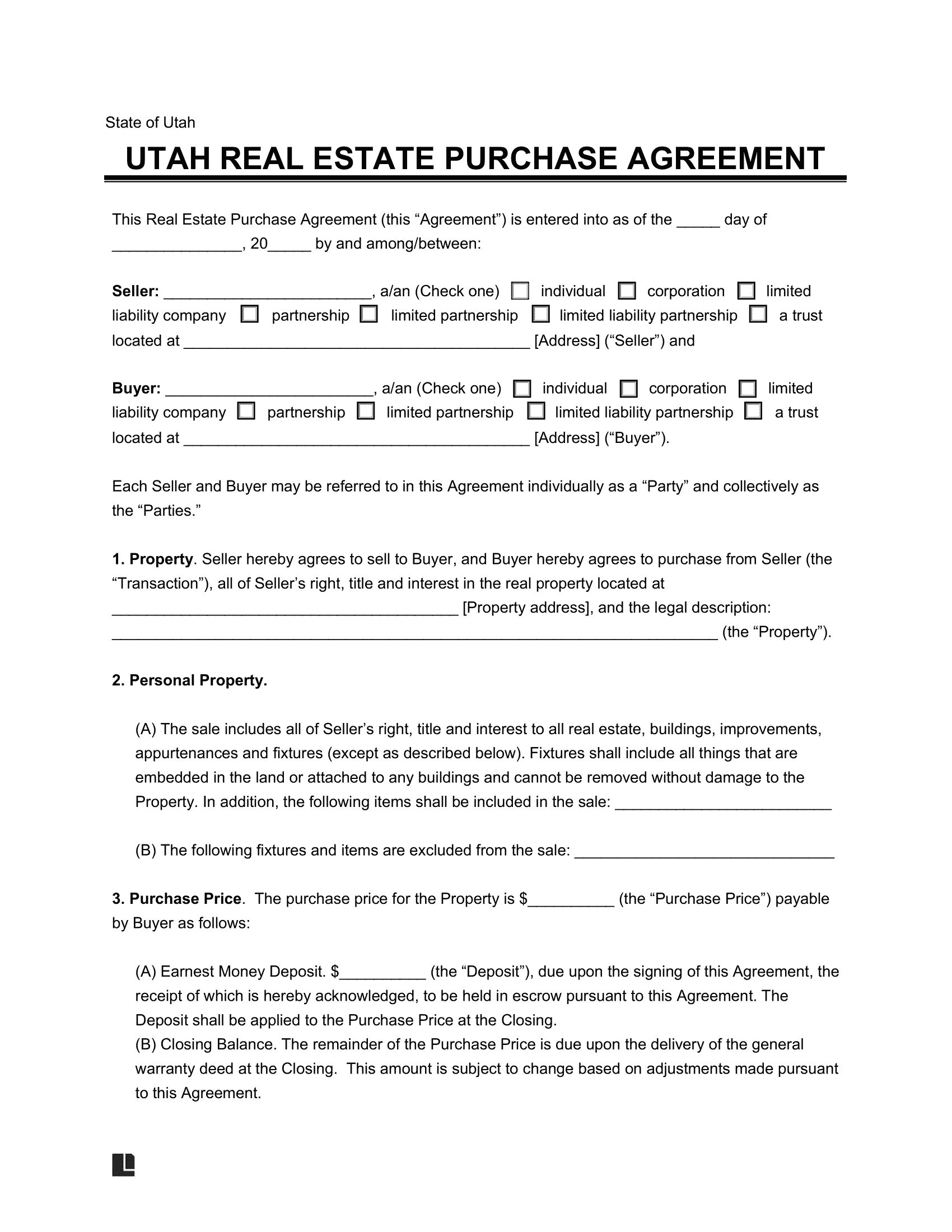 Utah Residential Purchase Agreement Template