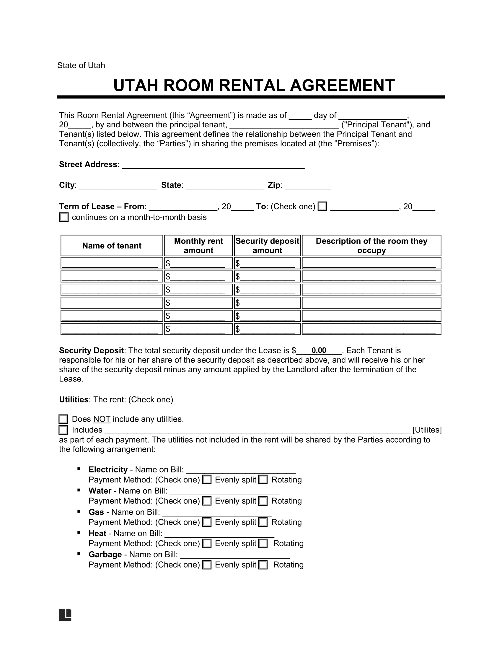 Utah Room Rental Agreement