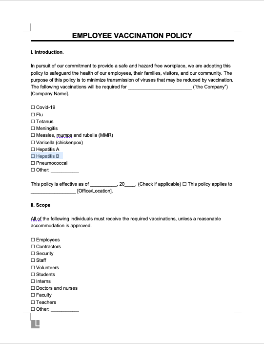 Employee Vaccination Policy Screenshot