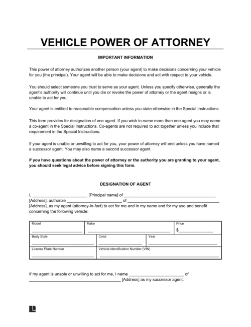 Vehicle Power of Attorney Form