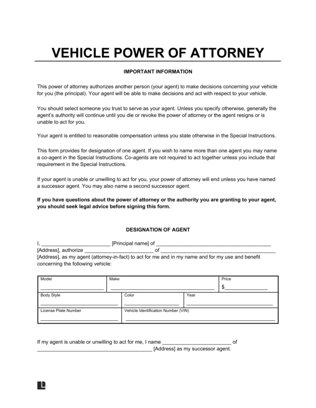 Vehicle Power of Attorney Form