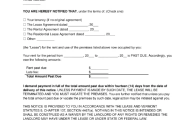 Vermont 14-Day Eviction Notice to Quit (Non-Payment of Rent)