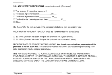 Vermont 90-Day Notice to Vacate (Month to Month)