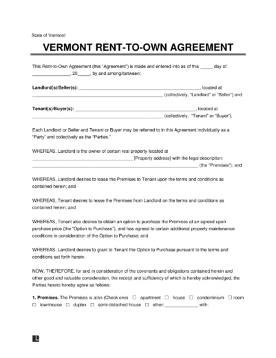 Vermont Rent-to-Own Lease Agreement