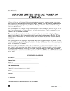 Vermont Limited Power of Attorney Form