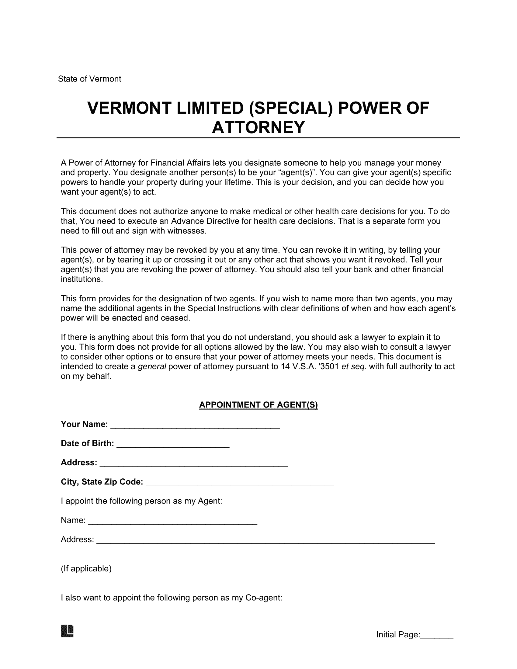 Vermont Limited Power of Attorney Form