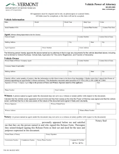 Vermont Motor Vehicle Power of Attorney Form VN-101