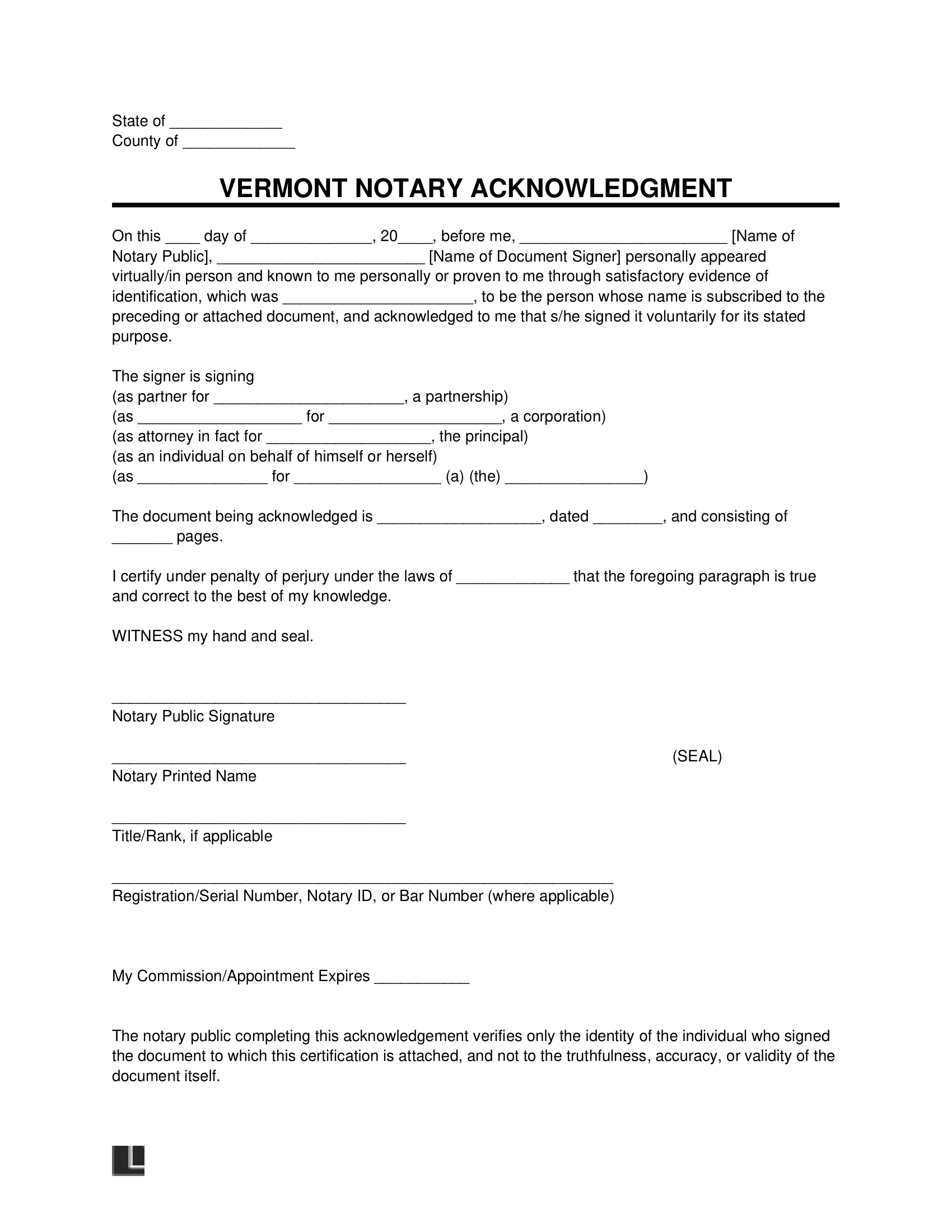 Vermont Notary Acknowledgment Form
