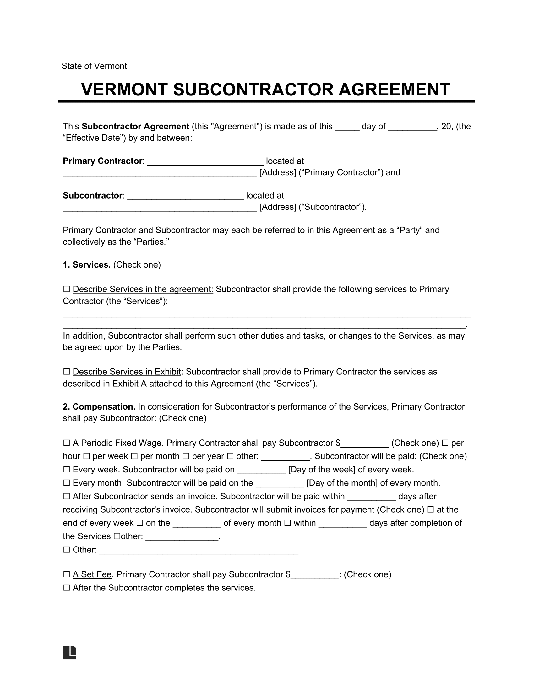 Vermont Subcontractor Agreement Template