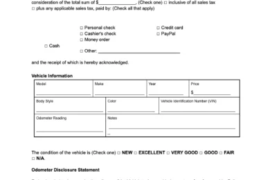 Vermont vehicle bill of sale template