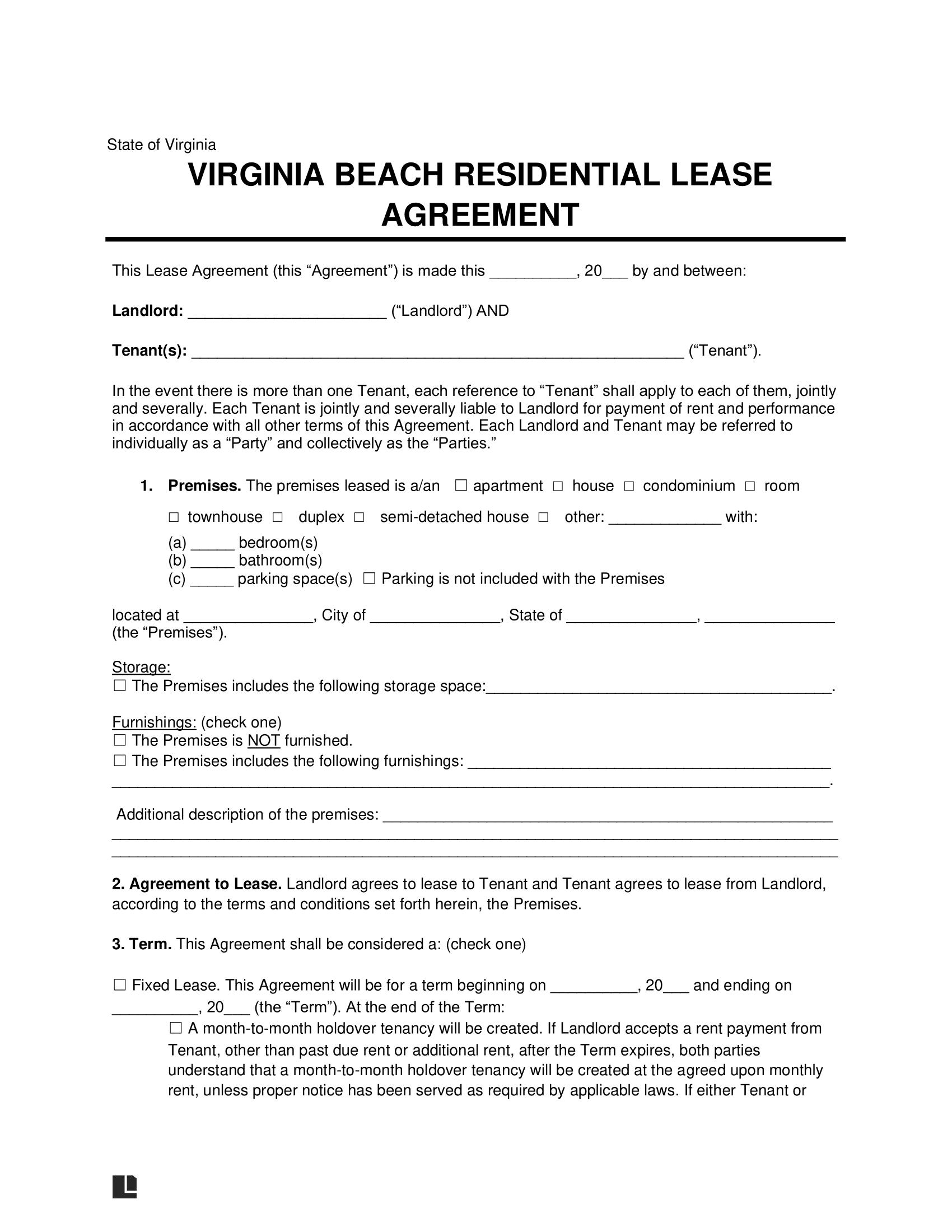 Virginia Beach Residential Lease Agreement Template